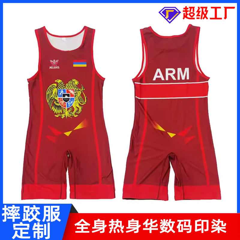 Sublimation full body print men's one-piece wrestling suit custom match weightlifting suit men's and women's free wrestling one-piece vest
