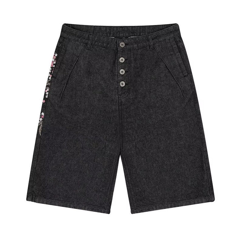 black washed jeans women's volleyball button straight-leg pants casualeasiest for match back pocket embroidered half length pants
