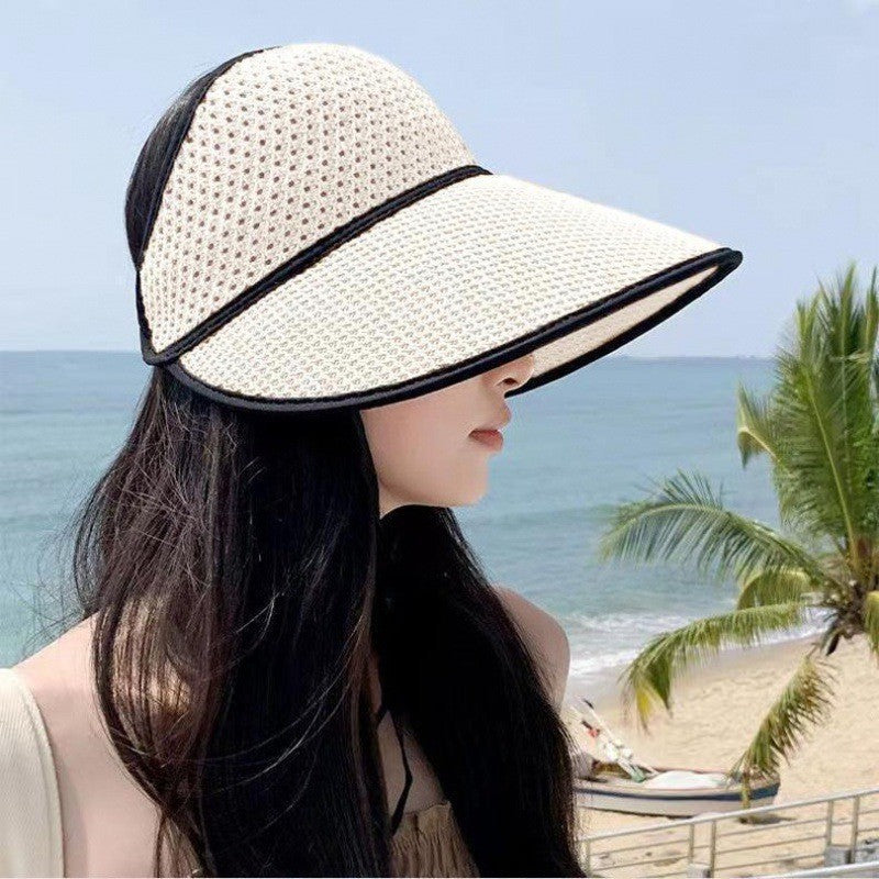 Summer new big brim, small face can be tied ponytail sun hat, face covering sun hat, straw woven hollow hat