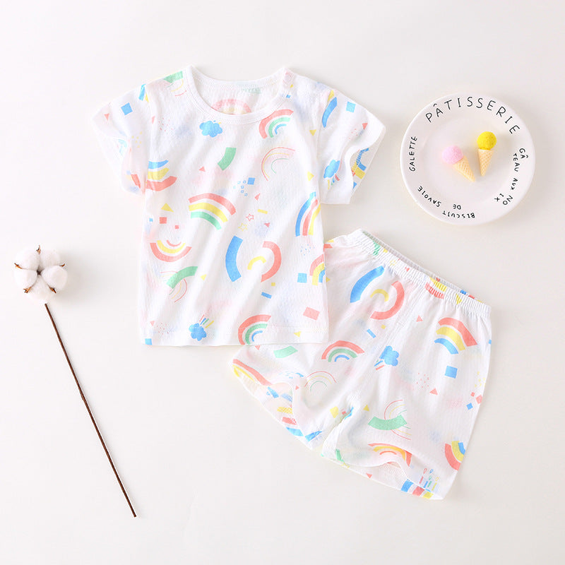 Baby short-sleeve set, one-year-old summer outfit, girls' ice silk top and shorts, lightweight summer two-piece set, 100% cotton