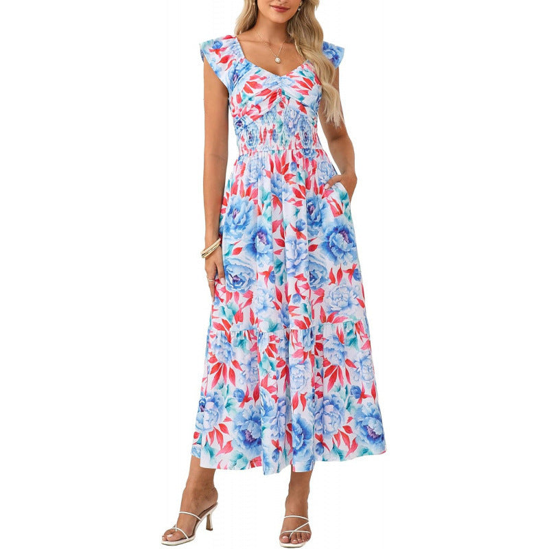 Amazon bohemian ruffle sleeve dress women's  summer new floral flowy a-line dress