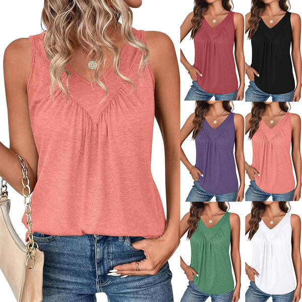 Europe, America,  Women's Clothing 2025 Summer New Solid Color V-Neck Sleeveless Top Women's Casual Loose Vest Women's
