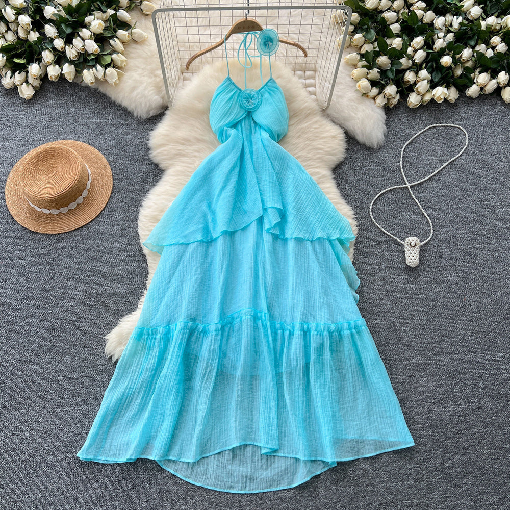 Beach vacation dress for women, atmospheric cut out, breast-revealing halter suspender, stereo flower, asymmetrical fairy long skirt
