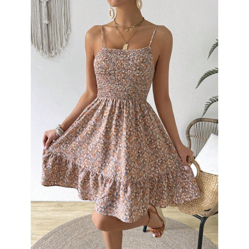 fashion  summer new arrival holiday floral pleated ruffles casual suspender dress for women