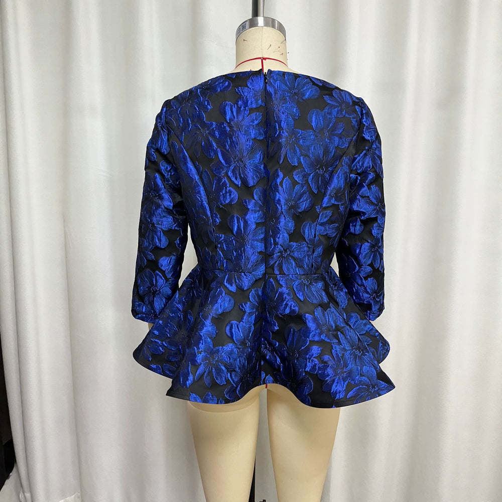 Autumnew arrivalsense of design round neck tops three-quarter sleeves waist jacquard ruffle banquet work clothingeasiest for matchshirt