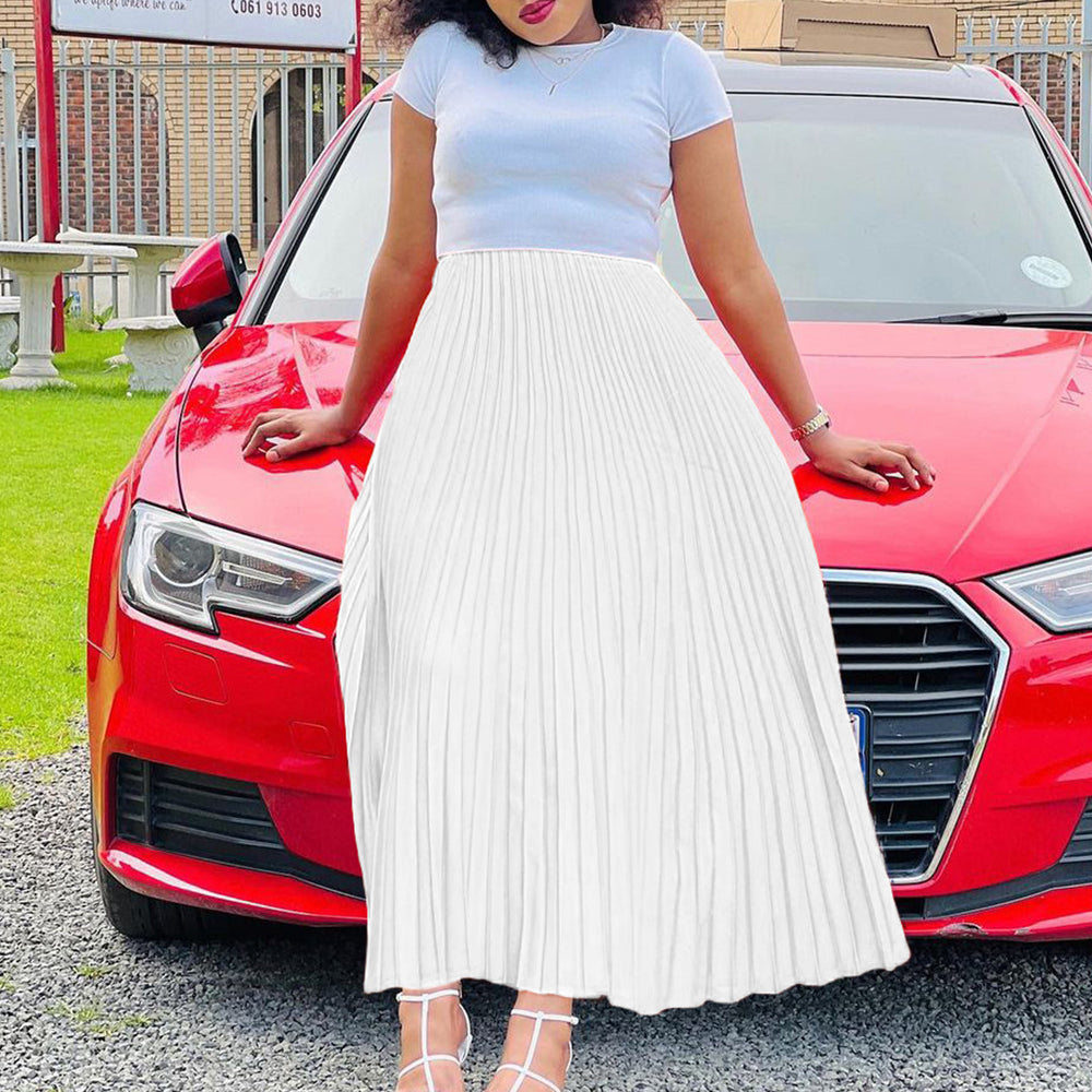 D3175plus size women's clothing  autumn new arrivalpure color high waist large skirt long skirt plus size european and american pleated skirt