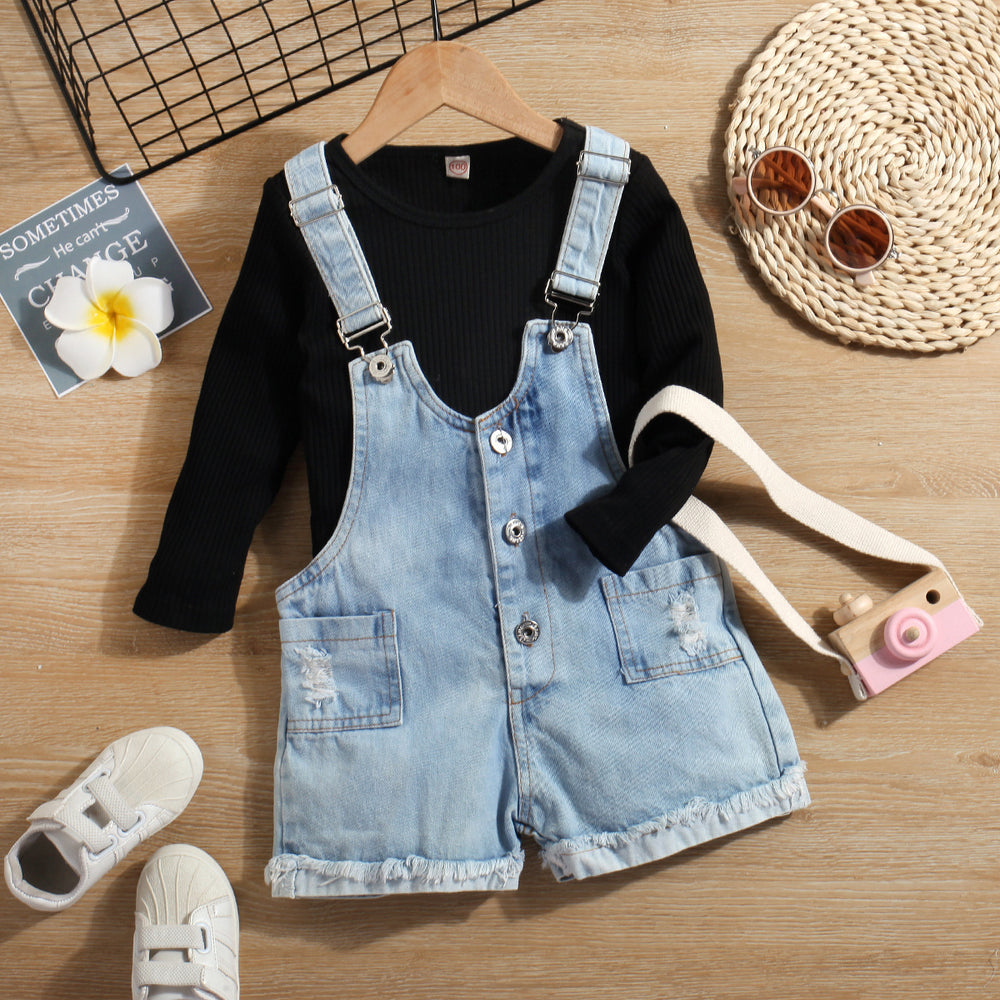 Fashion style cross-border new product girllong sleeves pit strip knitting bottom pullover shirt denim suspender shorts suit trendy