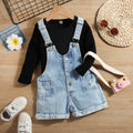 Fashion style cross-border new product girllong sleeves pit strip knitting bottom pullover shirt denim suspender shorts suit trendy