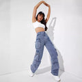 Y2k style hot-selling women's jeans: new  &  zipper multi-pocket straight-leg washed cargo pants