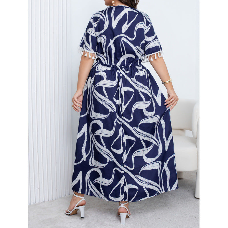 plus size cross-border new arrival  women's original elegancev neckprintingdress cuff flow