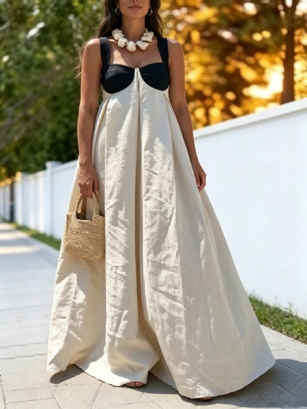 spring european and american cross-border casual and lazy style trendy wide shoulder strap contrast color tube top suspender large swing long skirt