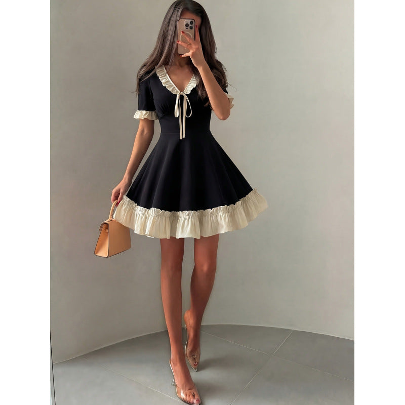Women's summer new arrival: elegant and romantic color block v-neck ruffle trim tie-waist a-line mini dress