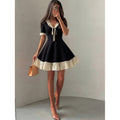 Women's summer new arrival: elegant and romantic color block v-neck ruffle trim tie-waist a-line mini dress