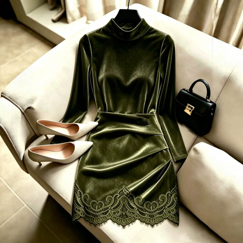 European and american women's velvet mini dress - mock neck, long sleeve, slim fit, ruched panel, lace trim, sexy dress - wholesale