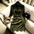 European and american women's velvet mini dress - mock neck, long sleeve, slim fit, ruched panel, lace trim, sexy dress - wholesale