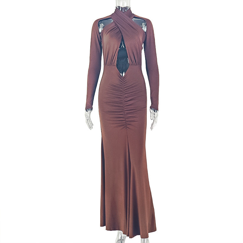 Fashion cross-border elegant banquet women's pure color close-fitting curve hip skirt design sexy chest-wrapped long sleevesdress
