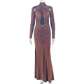 Fashion cross-border elegant banquet women's pure color close-fitting curve hip skirt design sexy chest-wrapped long sleevesdress