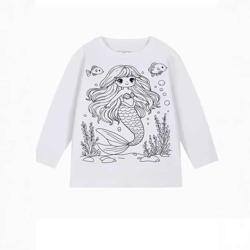 Unique diy fun graffiti hand-painted coloring mermaid design 95% cotton spring/autumn american style girls' long-sleeve t-shirt