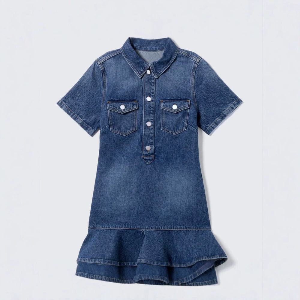 European and american commute style: high-end, age-defying, unique ruffle trim denim dress - slimming, collared, midi length