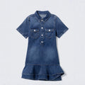 European and american commute style: high-end, age-defying, unique ruffle trim denim dress - slimming, collared, midi length