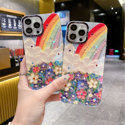 Rainbow floral oil painting iphone 17 pro max diamond glitter phone case, luxury shockproof protective cover for iphone 16 & 15, compatible with iphone 13