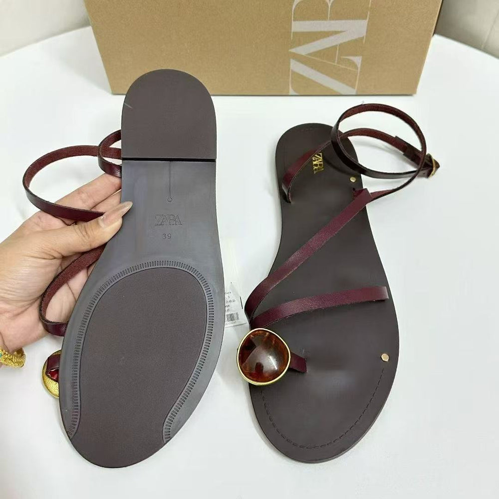 Za women's flat fairy style thin strap sandals 2025 new summer one-strap buckle clip-toe roman sandals