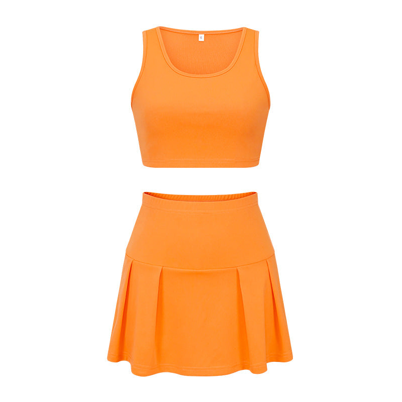 Casual slim-fit sports tank top and skort two-piece set -  european & american fashion, sexy solid color tennis style