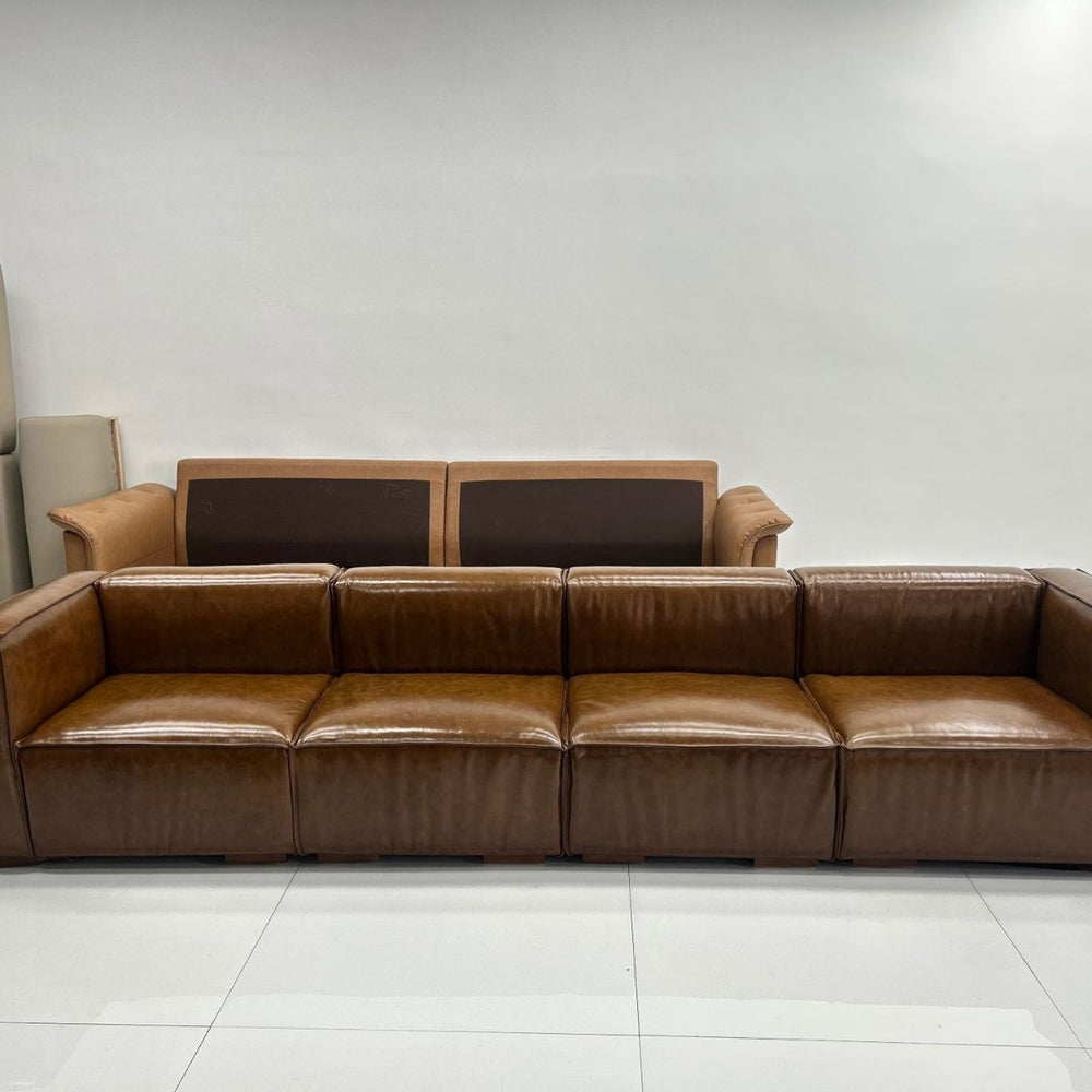 American retro sofa cigar bar living room small apartment straight row genuine leather sofa tofu block sofa module new style
