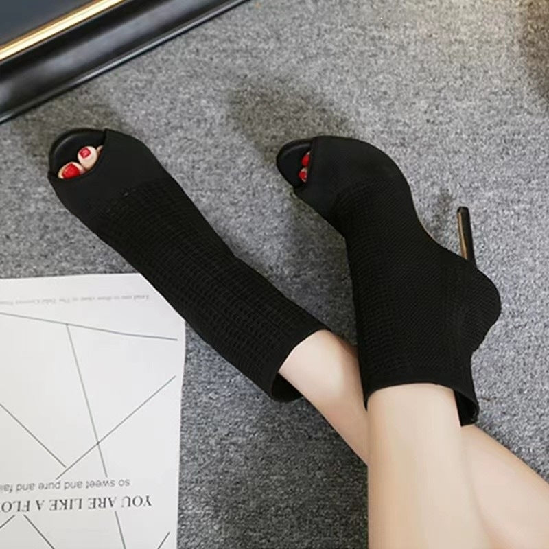 European and american new 2026 peep-toe hollow-out flyknit size 43 high heel ankle boots women's cross-border export stiletto fashion sandals