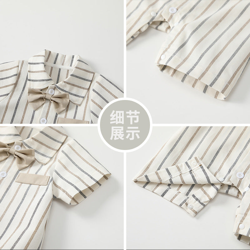 Baby clothes summernew arrival short-sleeved jumpsuit k-style gentleman cute khaki baby boy 100-day one-year-old crawling suit