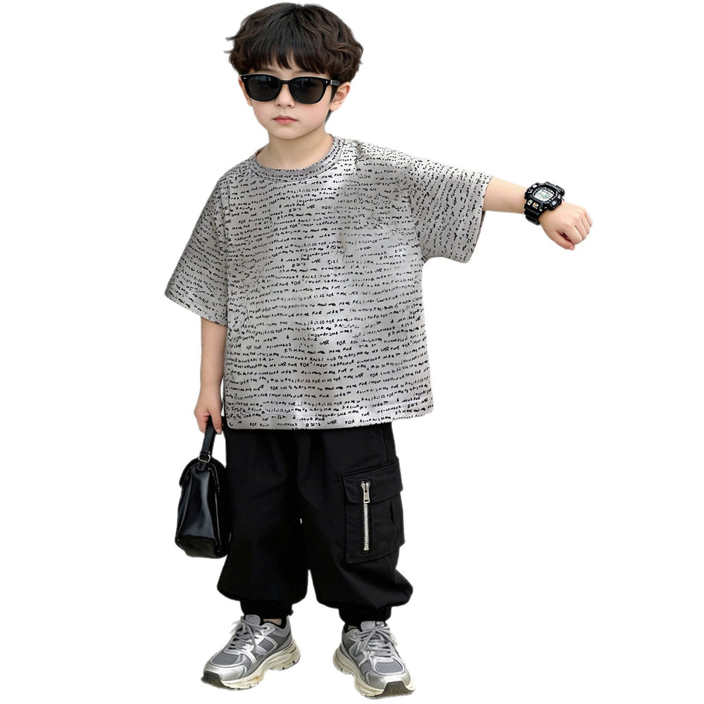 Comfortable and loose-fitting trendy brand short-sleeve t-shirt for boys,  summer print, kids' pure cotton top, fashionable casual children's clothing