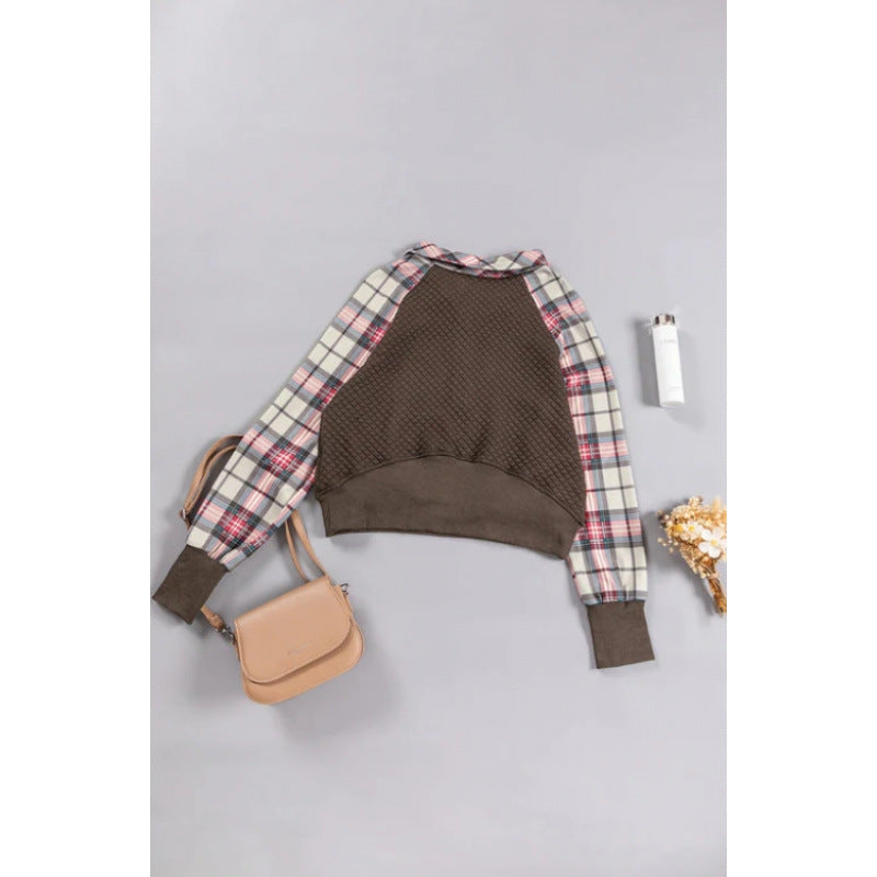 Shipped: women's plaid sleeve quilted half-zip sweatshirt - stand collar patch pocket, perfect for autumn and winter