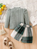 Fashion style spring & fall clothing cross-border girl's pit strip knitting bottom pullover shirt plaid skirt tweed style gridsuit