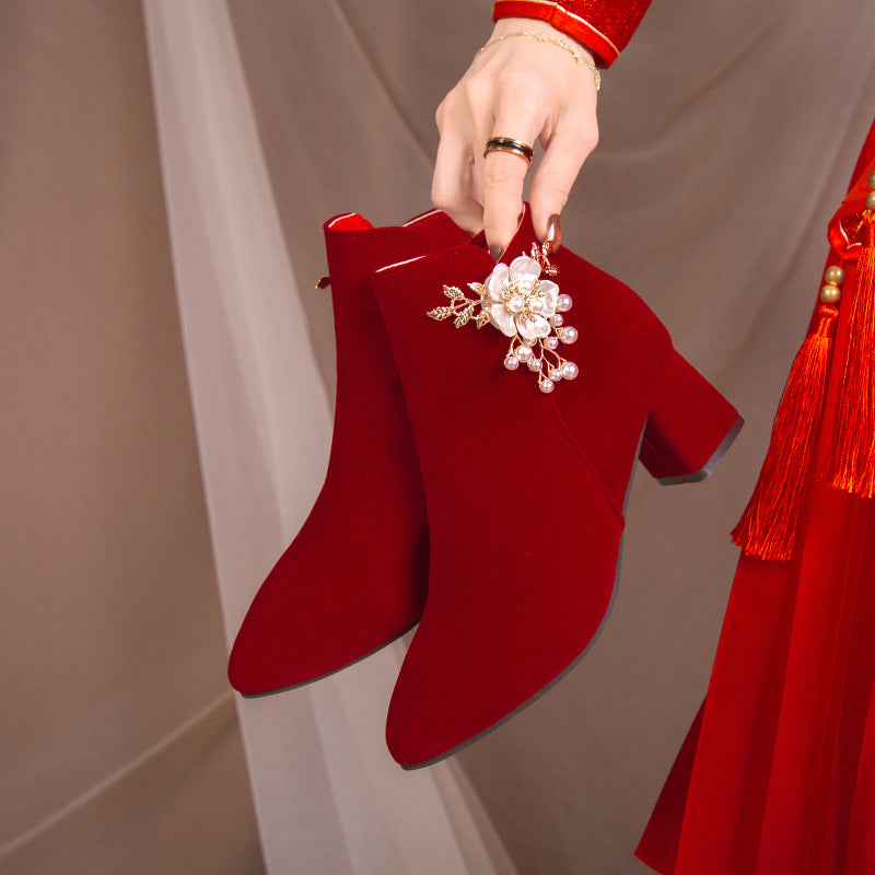 2022 new arrival engagement red chunky heel bridal shoes women's xiuhe high heels beaded wedge heel winter ankle boots