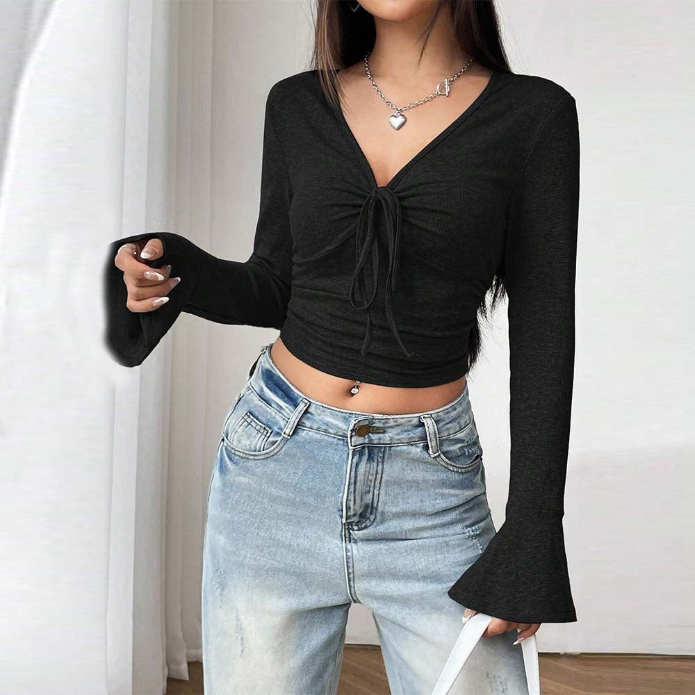 European and American  women's clothing V-neck horn-sleeved T-shirt summer new elegant style solid color pullover long-sleeved short top women
