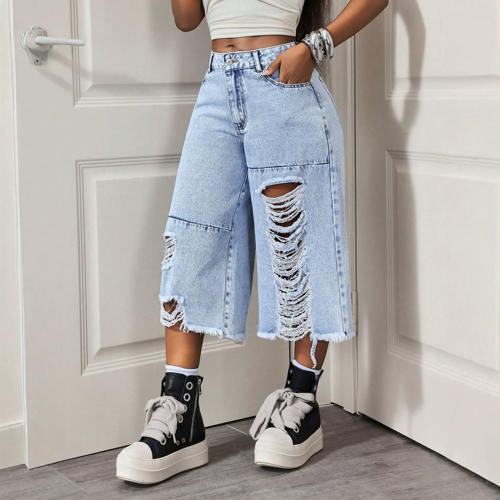 In-stock - 66351#  cross-border fashionable european and american style summer women's denim capri pants