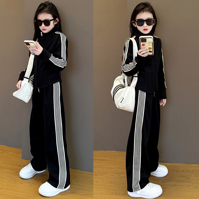 Girls'  new side stripe tracksuit set - spring/autumn casual straight-leg pants - girls' activewear two-piece set