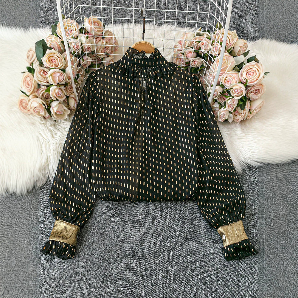 Black bottom gold printing tops collar bows fungus edge patchworkcontrast color bell sleeve short chiffon shirt