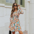 European and american cross-border chic women's clothing:  autumn new collection - square neck, long sleeve, printed, waist-cinching, slim-fit midi dress