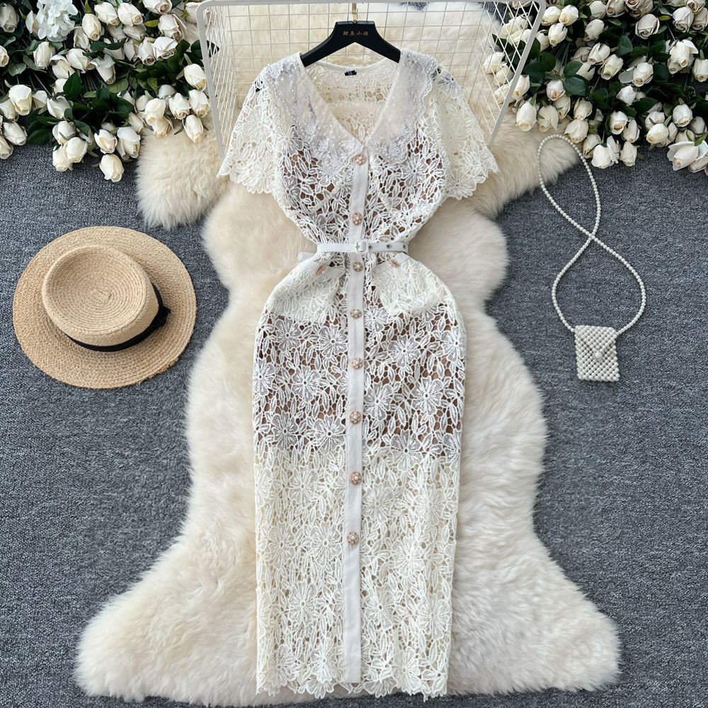 Elegant chanel-inspired summer dress for women - sweetheart style with peter pan collar, short sleeves, beaded single-breasted closure, slim fit, and lace crochet detailing