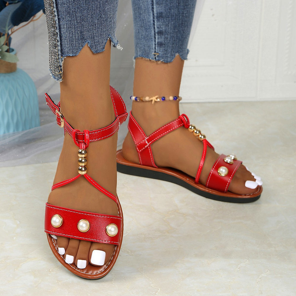 Women's foreign trade sandals - new  summer collection: non-slip, flat, european & american style, versatile handmade beaded flat sandals - wholesale