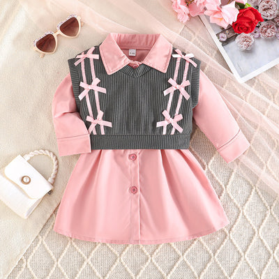 exclusive: new autumn/winter knitted baby girl outfit - girls' preppy cardigan + bowknot dress set