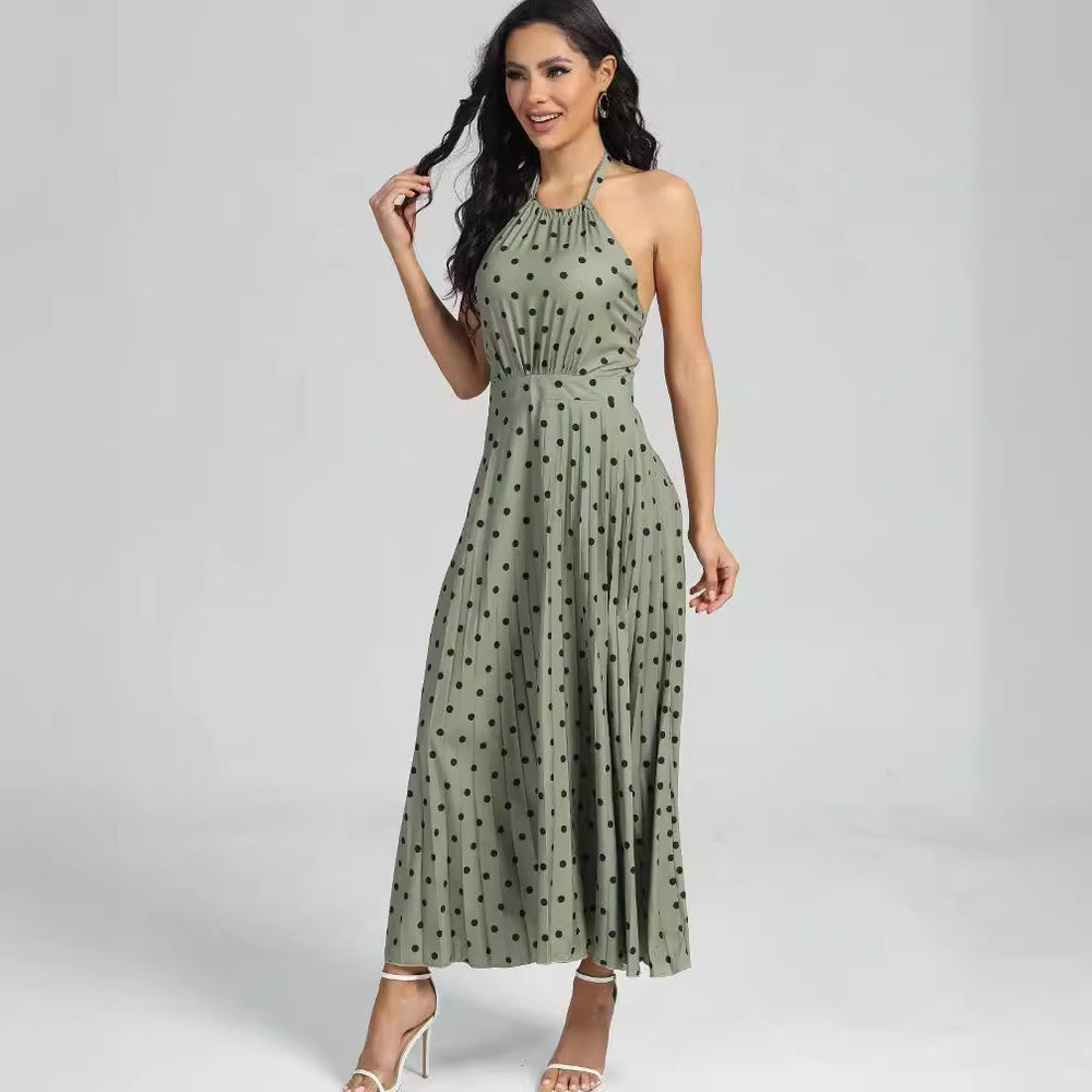Amazon women's  european and american style spring new solid color sleeveless round neck halter backless printed pleated dress