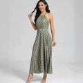 Amazon women's  european and american style spring new solid color sleeveless round neck halter backless printed pleated dress