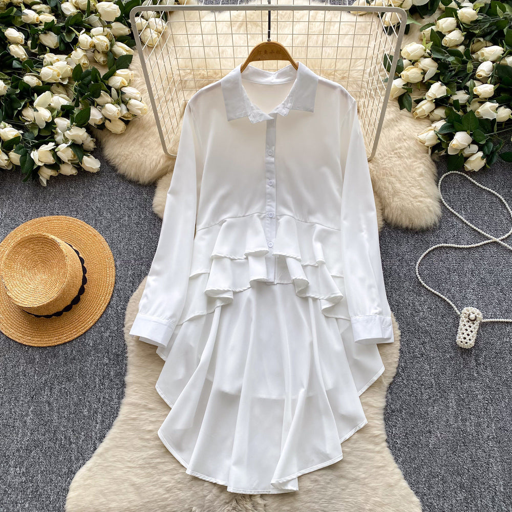 Korean style design lapel long sleeve shirt dress women's summer ruffle asymmetrical midi dress commute elegant