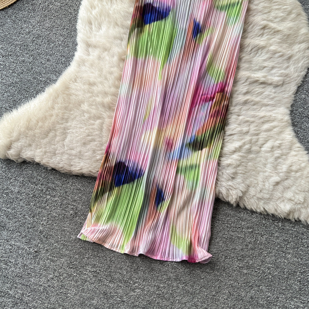 French tie-dye pleated suspender pure desire dress for women summerk-style holiday style waist long skirt dopamine outfit
