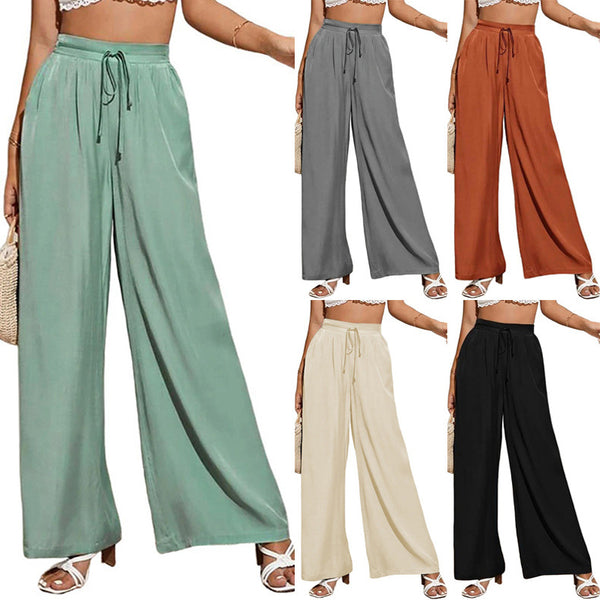 2025 European and American summer women's high-waisted casual trousers  solid color elastic waist strap loose wide leg drape