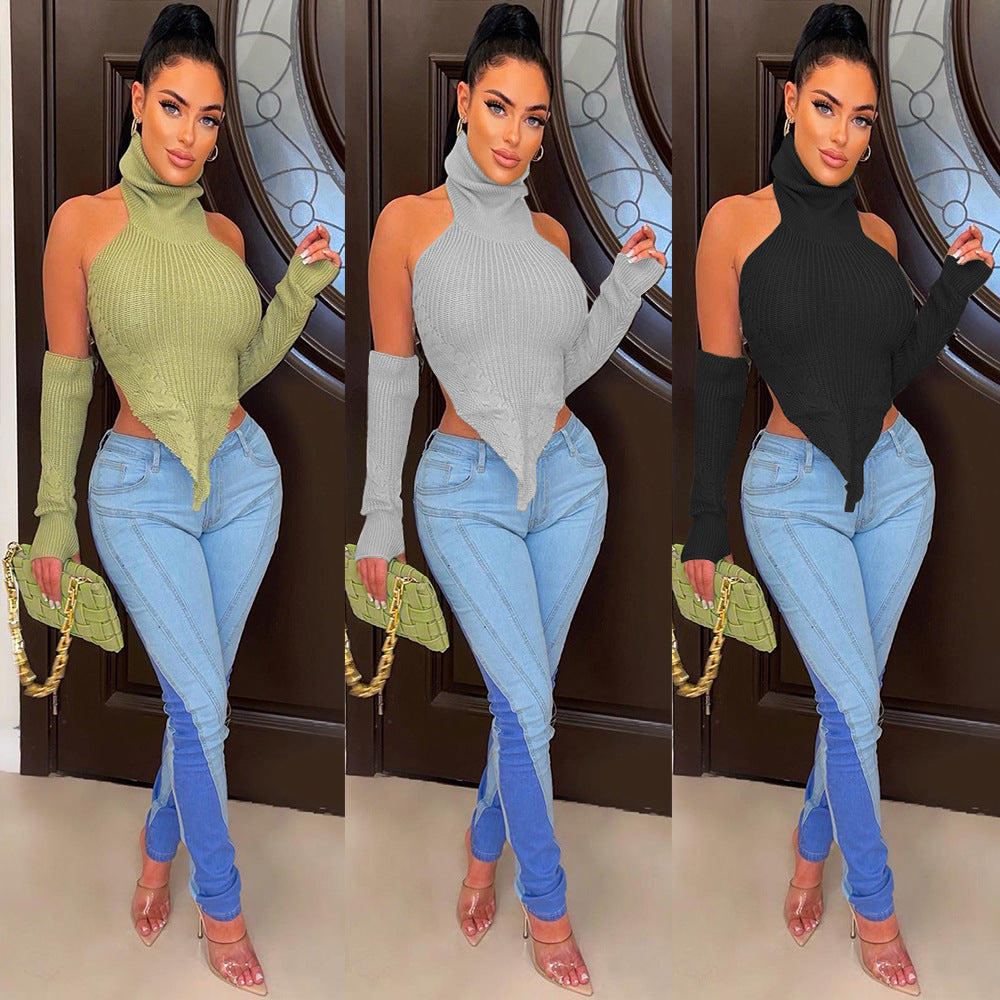 European and american cross-border women's fashion  autumn/winter new sexy hot girl high neck asymmetrical vest knitted sweater top