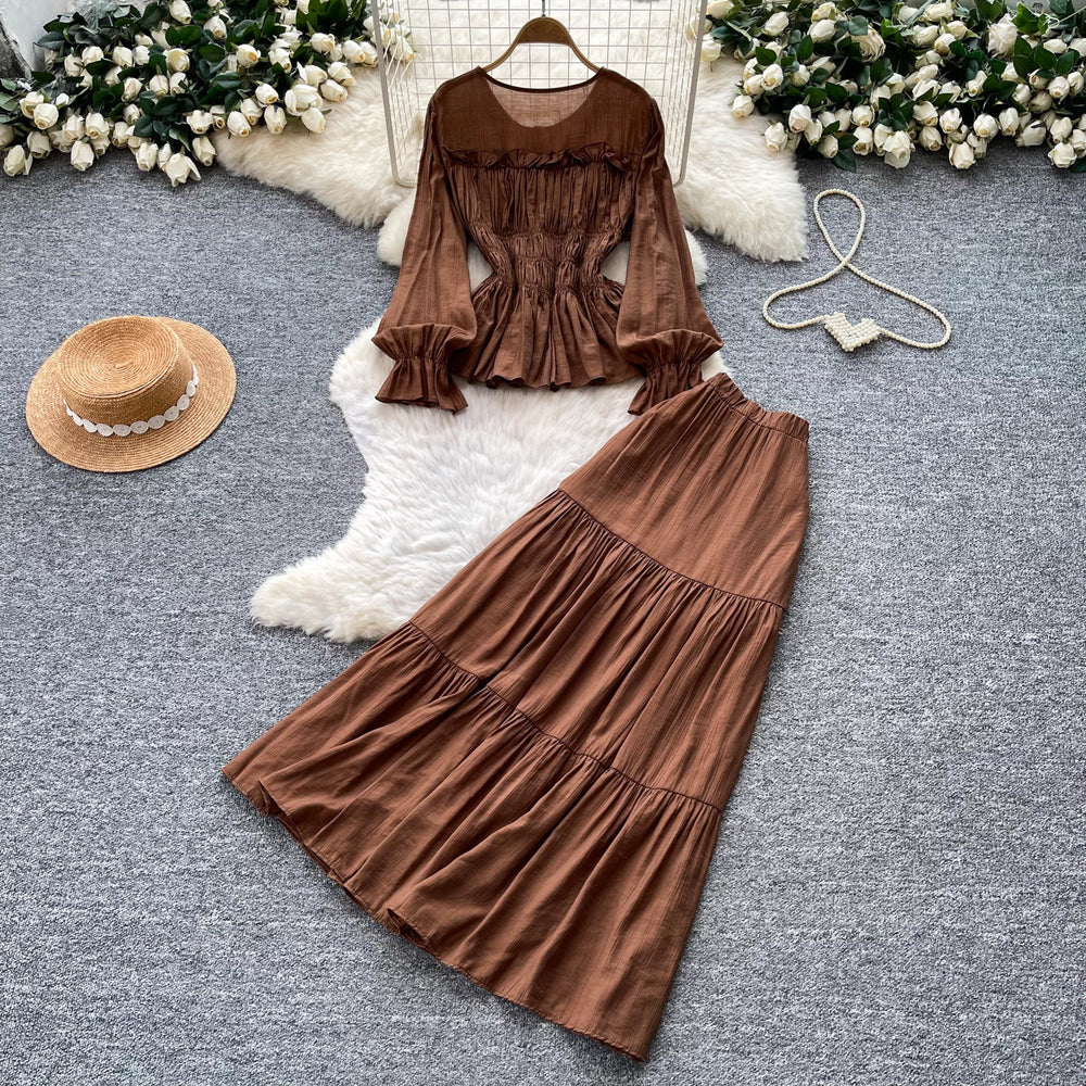 French chic slim-fit long sleeve shirt and midi skirt set - autumn workwear, figure-flattering, versatile two-piece
