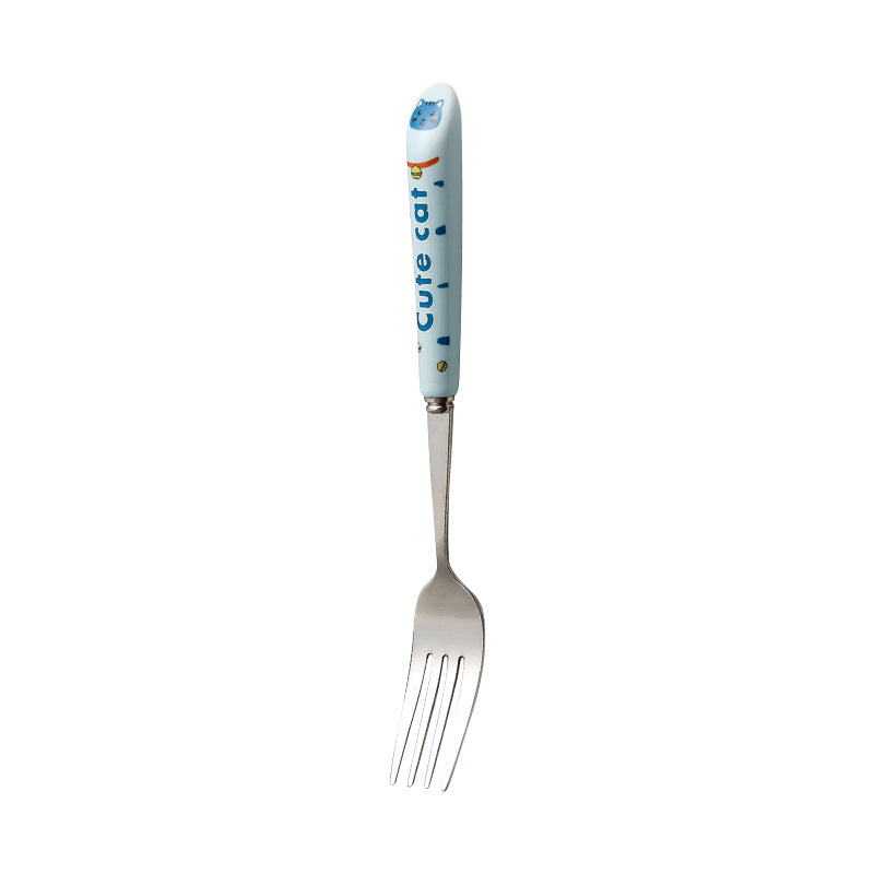 Cartoon stainless steel cutlery set: cute kids' forks with stylish ceramic handles, exquisite dessert spoons, and serving spoons